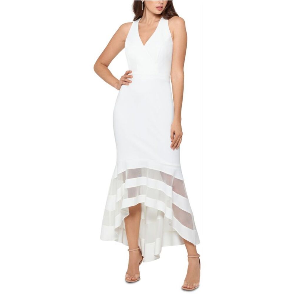 XSCAPE Womens Illusion Stripe Gown Dress, White, DM